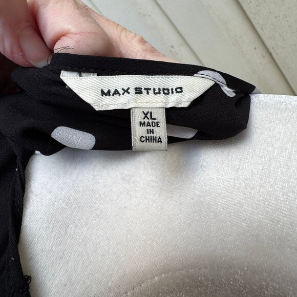Max Studio Black Blouse White Polka Dots Ruffle 3/4 Sleeves Women Size XL Sheer - Picture 5 of 12